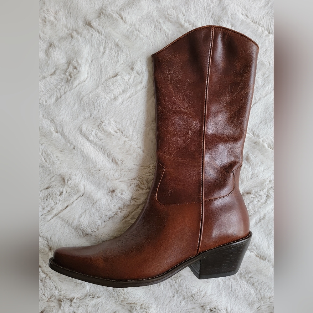 NEW Matisse Western Embossed Zip Up Brown Leather Cowboy Boots - Picture 11 of 16